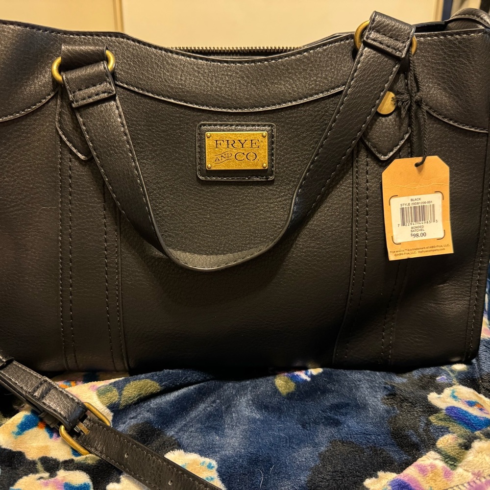 Frye and Co Black bonded satchel NWT